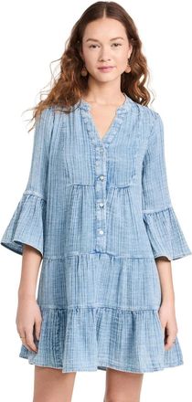Faherty Gauze Kasey Tiered Dress Womens Light Indigo Cotton Pullover KFC1050