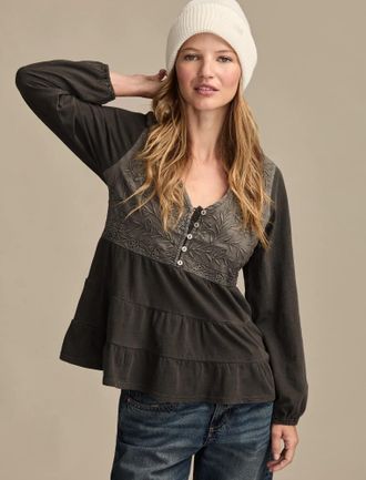 Lucky Brand Womens Embroidered Yoke Tiered Long Sleeve