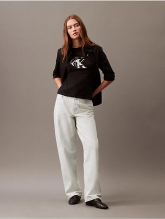 Calvin Klein Womens Contrast Monogram Logo Slim Fit Crewneck T-Shirt - Black - XS