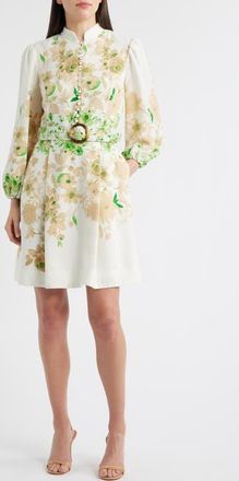 Tahari by ASL Border Print Belted Long Sleeve Dress in Ivory Fern at Nordstrom, Size 16P