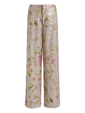 Alberta Ferretti High-Waisted Wide-Leg Pants with Floral Sequin Embellishments