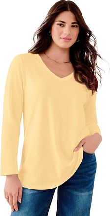 Roaman's Plus Size Ultimate Long Sleeve V Neck Tee in Banana at Nordstrom, Size 12