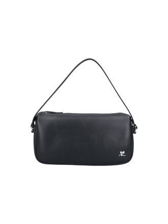 Courr&egrave;ges Rectangular Black Calf Leather Shoulder Bag with Zip Closure