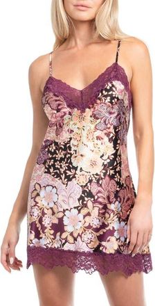 In Bloom by Jonquil Anna Print Lace Trim Satin Chemise in Plum at Nordstrom, Size X-Small