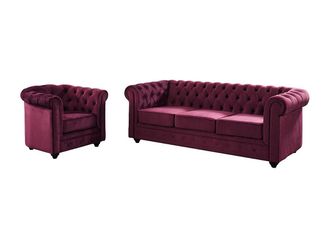 Vente-Unique Sof&aacute; 3 plazas y sill&oacute;n de terciopelo CHESTERFIELD - P&uacute;rpura