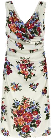 Dolce & Gabbana White V-Neck Floral Knee Length Dress