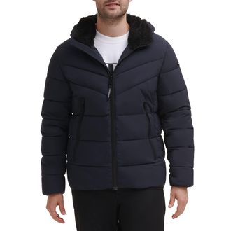 Calvin Klein Mens Winter Coat-Puffer Jacket with Sherpa, Hooded Stretch True Navy, L