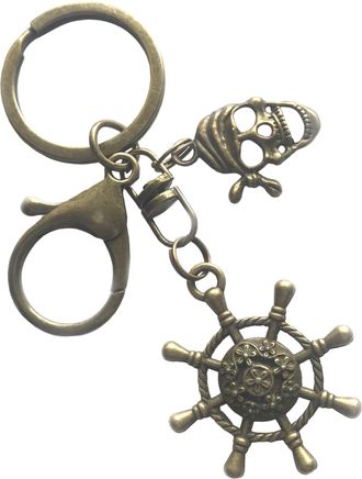 Generic LARGE KEYRING - Ship Wheel Pirate - Antique Bronze Plated. Split Ring And Trigger Clasp. Key Ring. Wheel & Pirate