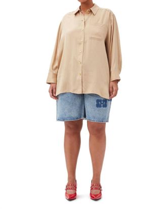 Ganni Washed Satin Shirt In Safari