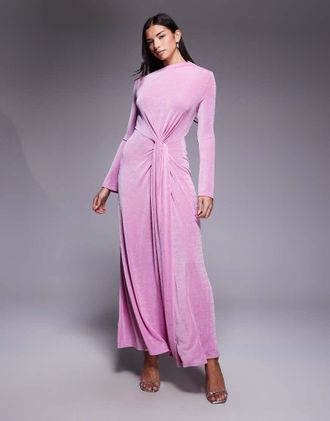 Asos Vestito lungo sinuoso a maniche lunghe rosa con nodo-Verde
