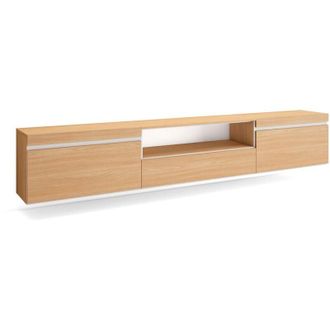 Skraut Home Mobile tv Soggiorno, Ampio spazio a disposizione, 260x35x45cm, tv di grande formato, Sospeso, da appendere, Stile moderno, Rovere soft e bianco