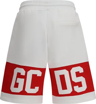 GCDS Mens Band Logo Sweat Shorts Optic White-Red Cotton Bermuda White/red