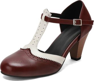 Generic Womens T-Strap Perforated Colorblock Oxfords Dress Pumps Round Toe Chunky Heel Mary Jane Shoes with Adjustable Strap (5.5,Wine Red)