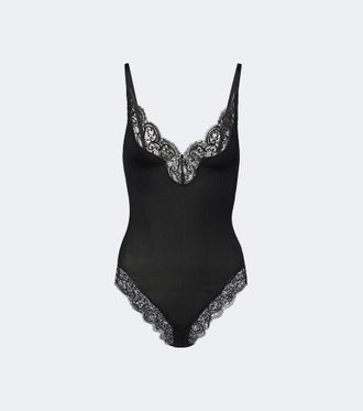 Saint Laurent Lace-trimmed ribbed-knit silk bodysuit