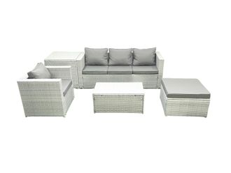 Fimous 5 Pieces Rattan Garden Furniture Set Outdoor Garden Sofa Chair Coffee Table Set with Side Table Big Footstool Light Grey Mixed
