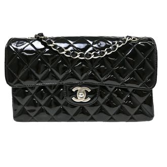 Chanel Classic Double Flap Quilted Crinkled Patent Black Patent_Leather Handbag (Pre-Owned)