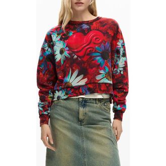 Desigual Floral Print Sweatshirt in Black Base/Red at Nordstrom, Size X-Large