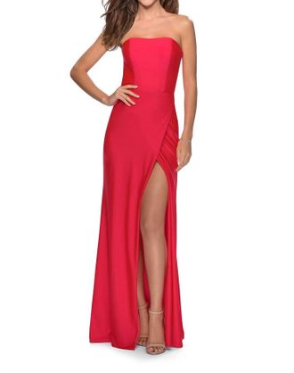 La Femme Strapless Prom Dress In Neon Coral
