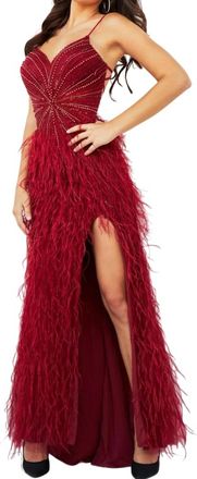 Jovani Feather Accent Prom Dress In Burgundy