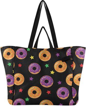 Generic Donuts Stars Black pattern Reusable Canvas Tote Bag, Heavy Duty Grocery Shopping Bag with Double Handles Large Capacity Hard Bottom Work Groceries Tra