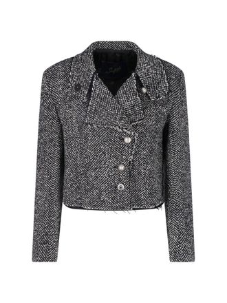 Seafarer Textured Black and White Tweed Jacket with Frayed Collar