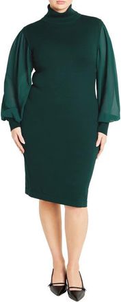 City Chic Jaylani Mock Neck Long Sleeve Dress in Teal at Nordstrom, Size Xxl