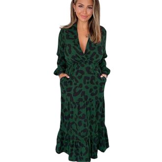 AX PARIS Damesjurk met lange mouwen en luie pasvorm in luipaardprint (Groen)