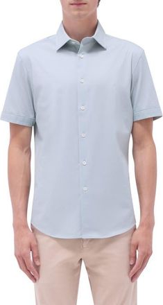 Bugatchi Myron OoohCotton Short Sleeve Herringbone Button-Up Shirt in Mint at Nordstrom, Size Xxx-Large