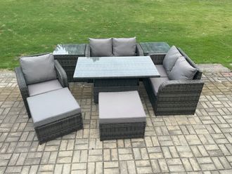 Fimous Wicker PE Rattan Furniture Garden Dining Set Outdoor Height Adjustable Rising lifting Table Love Sofa With Reclining Chair in Dark Grey