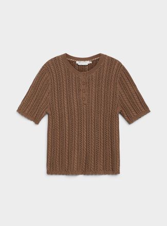 Contemporaine Womens Scalloped trim Henley Shirt collar openwork sweater