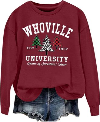 Generic Christmas Whoville University Sweatshirt Women Christmas Buffalo Plaid Tree Graphic Xmas Party Shirts Pullover Christmas Jumpers for Women Wine