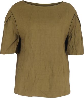 Dries Van Noten Drop Shoulder Short Sleeve Blouse in Khaki Linen