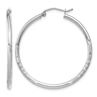 Diamond2Deal 14k Gold Satin & Diamond-cut 2x35mm Round Hoop Earrings