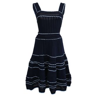 Sandro Sandro Pointelle-Knit Fir and Flare Mini Dress in Navy Blue Viscose