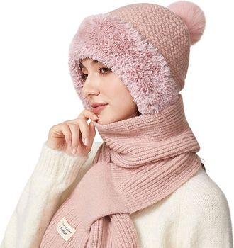 Generic Knitted Hat with Scarf Attached Womens 2 in 1 Winter Cold Weather Set Fleece Lined Beanie Skull Caps and Long Knitted Scarf Windproof Warm For Outdoor