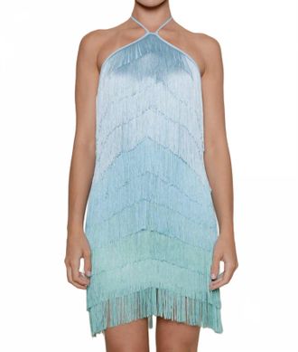 FORE COLLECTION Fringe Halter Mini Dress In Blue Ombre