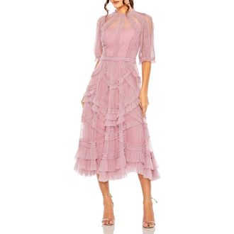 Mac Duggal Womens High Neck Puff Sleeve Ruffle Tiered Dress in Antique Rose at Nordstrom, Size 10