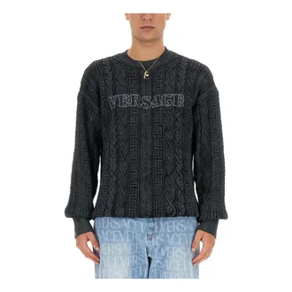 Versace Round-neck Knitwear, male, Gray, Size: XL Knit Sweater Stone Washed Serie