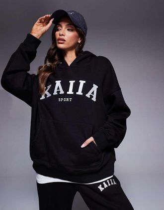 KAIIA cotton blend sport embroidered logo oversized hoodie in black and cream - part of a set