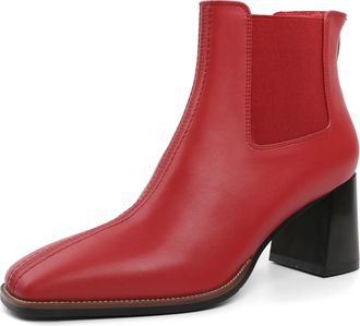 elashe Ankle Boots for Women, Womens Red Heeled Ankle Bootie with a 6 cm (2.4 Inches) Chunky, Block,Chelsea Boots with Stacked Heel, Square Toe, Side Elastic