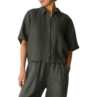 Eileen Fisher Linen Elbow Sleeve Button-Up Shirt in Bay Leaf at Nordstrom, Size X-Large