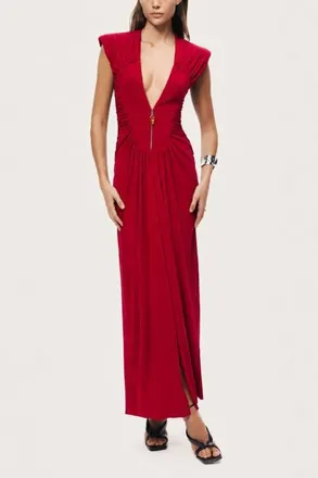 Nocturne Ruched Deep V-Neck Maxi Dress in Red at Nordstrom, Size X-Small Eu