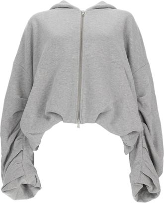 Dries Van Noten Cropped Grey Ruched Sleeves Cotton Sweatshirt