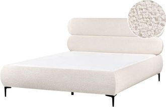 Beliani Classic Minimalist eu King Size Boucle Bed Frame 5ft3 Wingback Headboard Black Metal Legs Bedroom Off-White Lessay