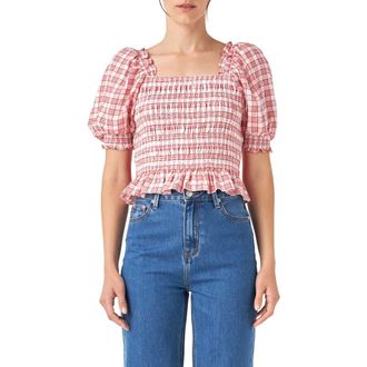 English Factory Check Smocked Bow Accent Top in Red at Nordstrom Rack, Size Medium
