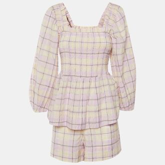 Ganni Ganni Lilac Checked Cotton Peplum Top & Shorts Set