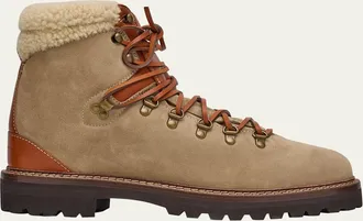 Ralph Lauren Purple Label Mens Cortina Suede Shearling-Collar Lace-Up Boots