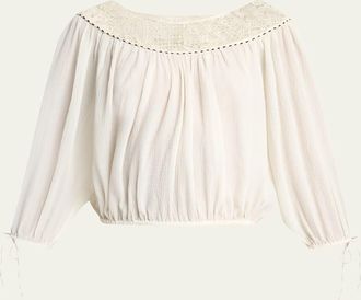 Isabel Marant Nelida Guipure Lace-Trim Silk Gauze Drawstring Blouse