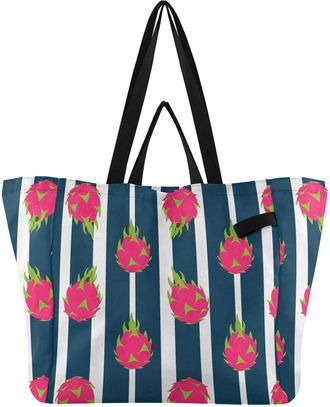 Generic Tropical Dragonfruit Stripes Blue pattern Reusable Canvas Tote Bag, Heavy Duty Grocery Shopping Bag with Hard Bottom Double Handles Large Capacity Wor
