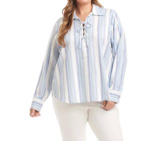Karen Kane Eyelet Lace Up Top - Plus In Stripe